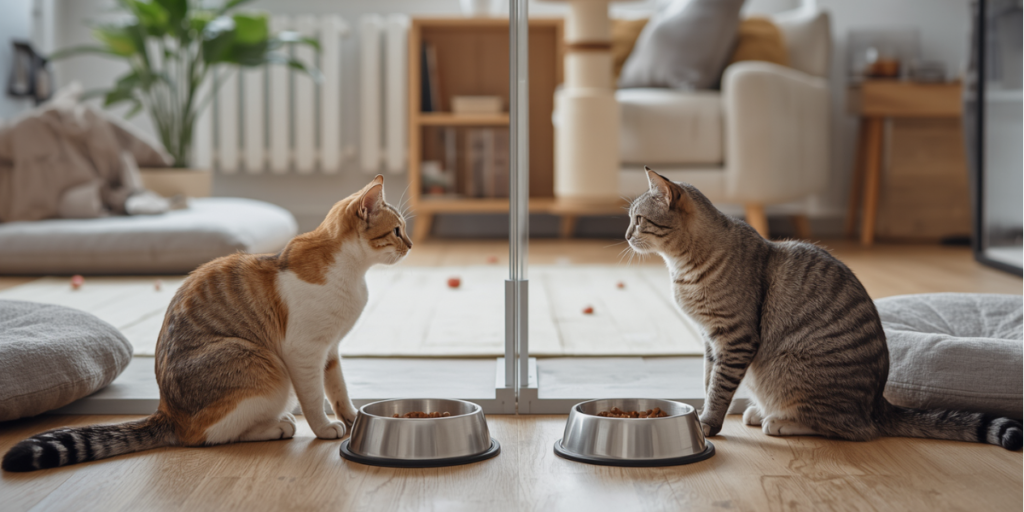 Como apresentar dois gatos sem causar brigas: animais se conhecendo através de uma divisória segura