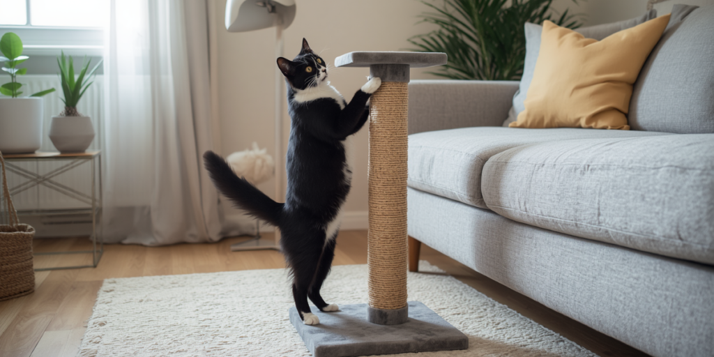 Como escolher um arranhador para gatos: gato usando um poste alto e firme