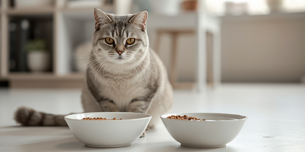 Ração seca ou alimento úmido: gato observando duas opções de alimentação
