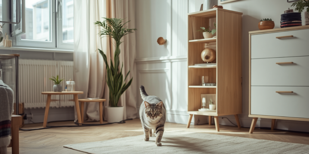 Como deixar a casa segura para um gato: animal em sala com janela protegida