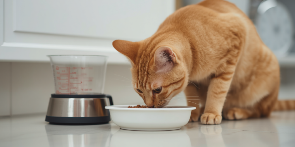 Quantas vezes por dia o gato deve comer: gato recebendo uma refeição em porção medida