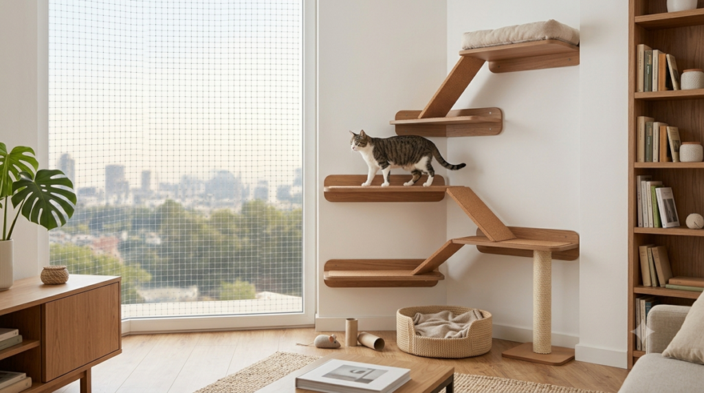 Gato em apartamento próximo a uma janela com tela de proteção