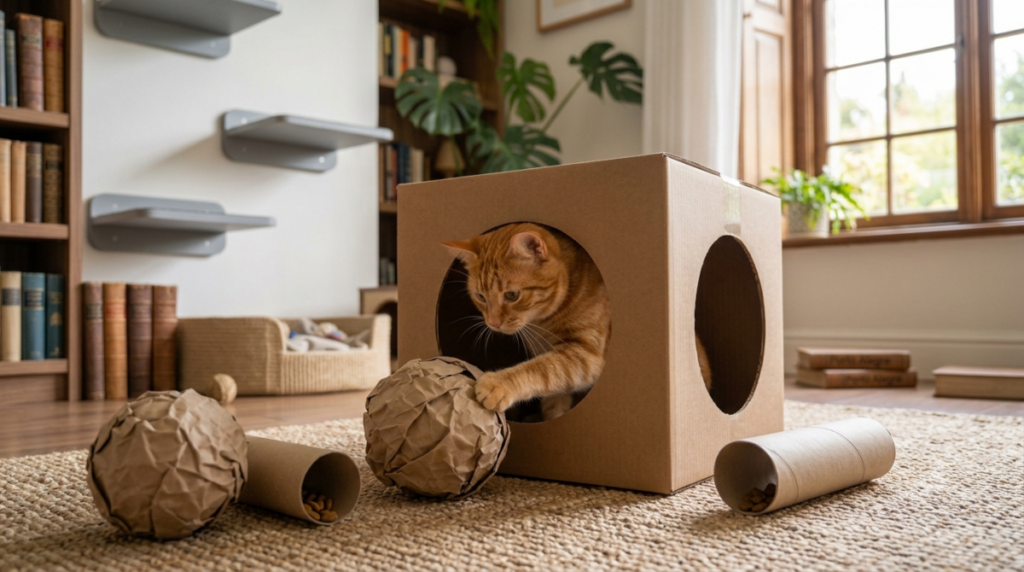 Gato brincando com uma caixa de papelão e uma bolinha de papel