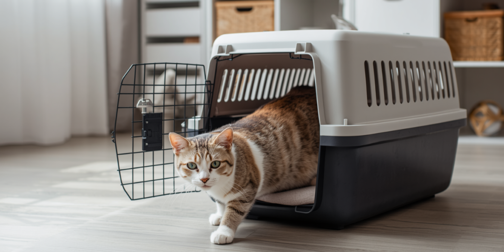 Como escolher uma caixa de transporte para gatos: gato explorando uma caixa rígida e ventilada