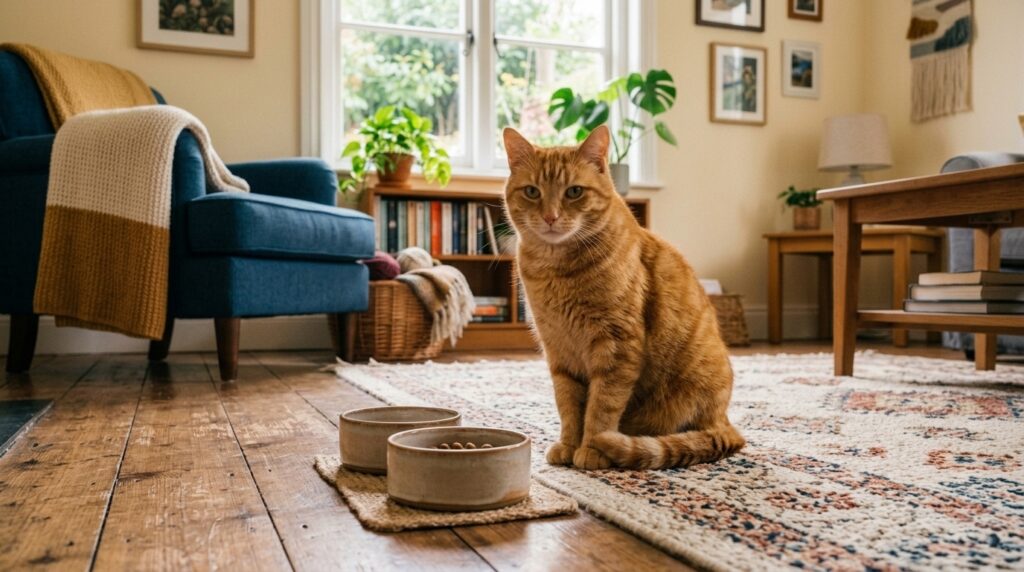 Cat sitting indoors – common causes of cat vomiting and throwing up
