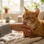 Domestic cat gently licking its owner's hand in a cozy indoor setting