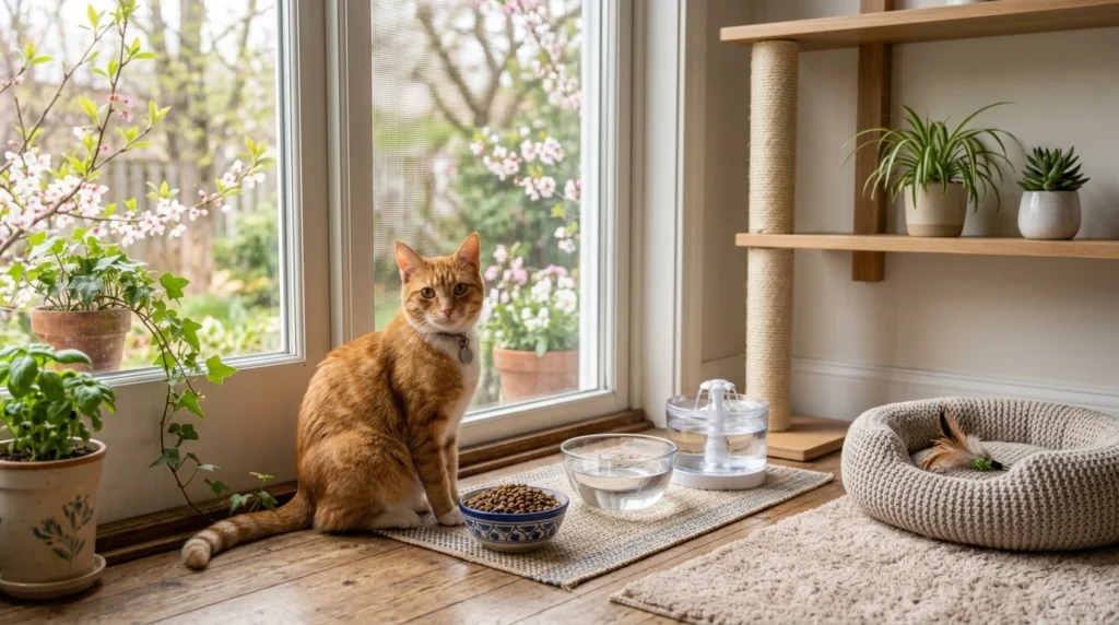 Gato em apartamento durante a primavera próximo a janela com tela de proteção